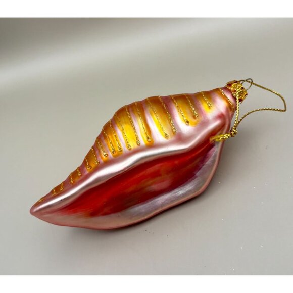 Glass Conch Shell Christmas Tree Ornament Gold Pink with Glitter Stripes - Picture 7 of 7